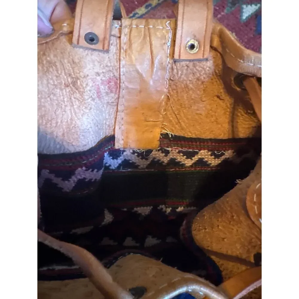 VINTAGE BACKPACK HAND WOVEN WOOL KILIM TOOLED LEATHER SLING PURSE TOTE BAG